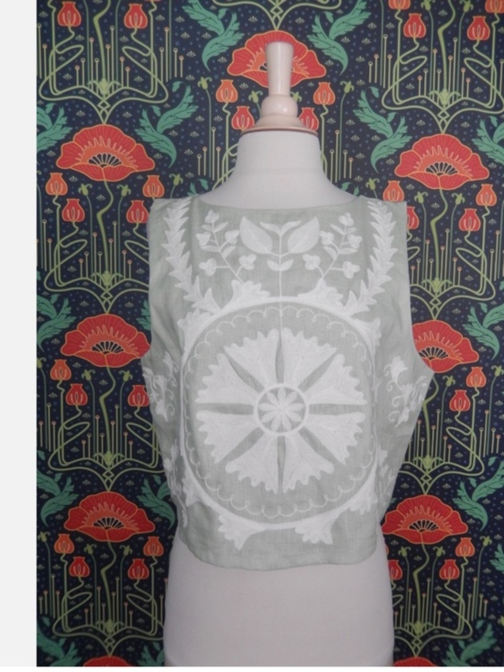 Le' AL.X Sage Green White Linen Embroidered Tank Top Nwt